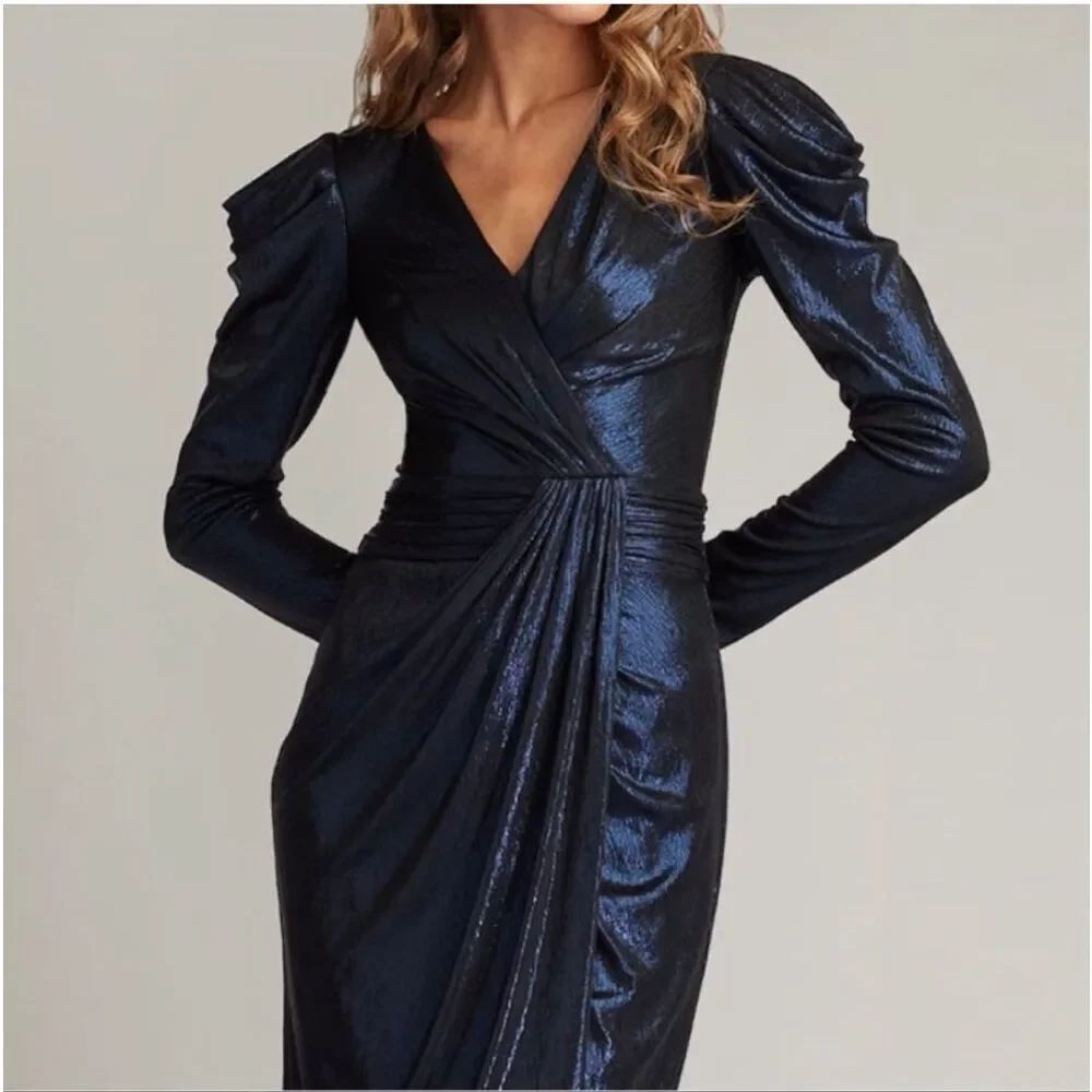Tadashi Shoji Garrison Navy Metallic Draped Jersey Dress sz S NWT